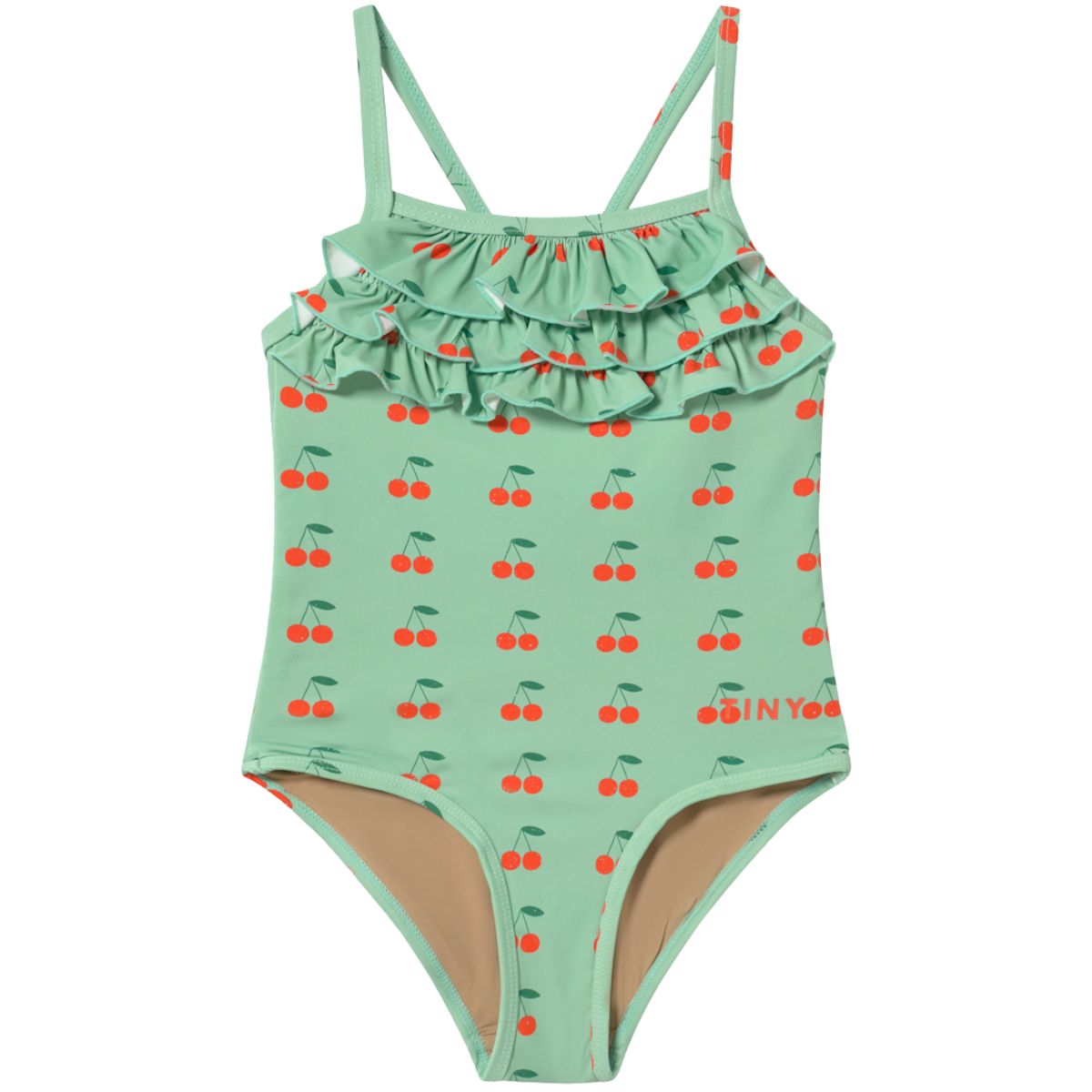 The Cherries Swimsuit from Tiny Cottons, one-piece swimsuit with cherry print, ruffle neckline, and slim straps.