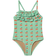 The Cherries Swimsuit from Tiny Cottons, one-piece swimsuit with cherry print, ruffle neckline, and slim straps.
