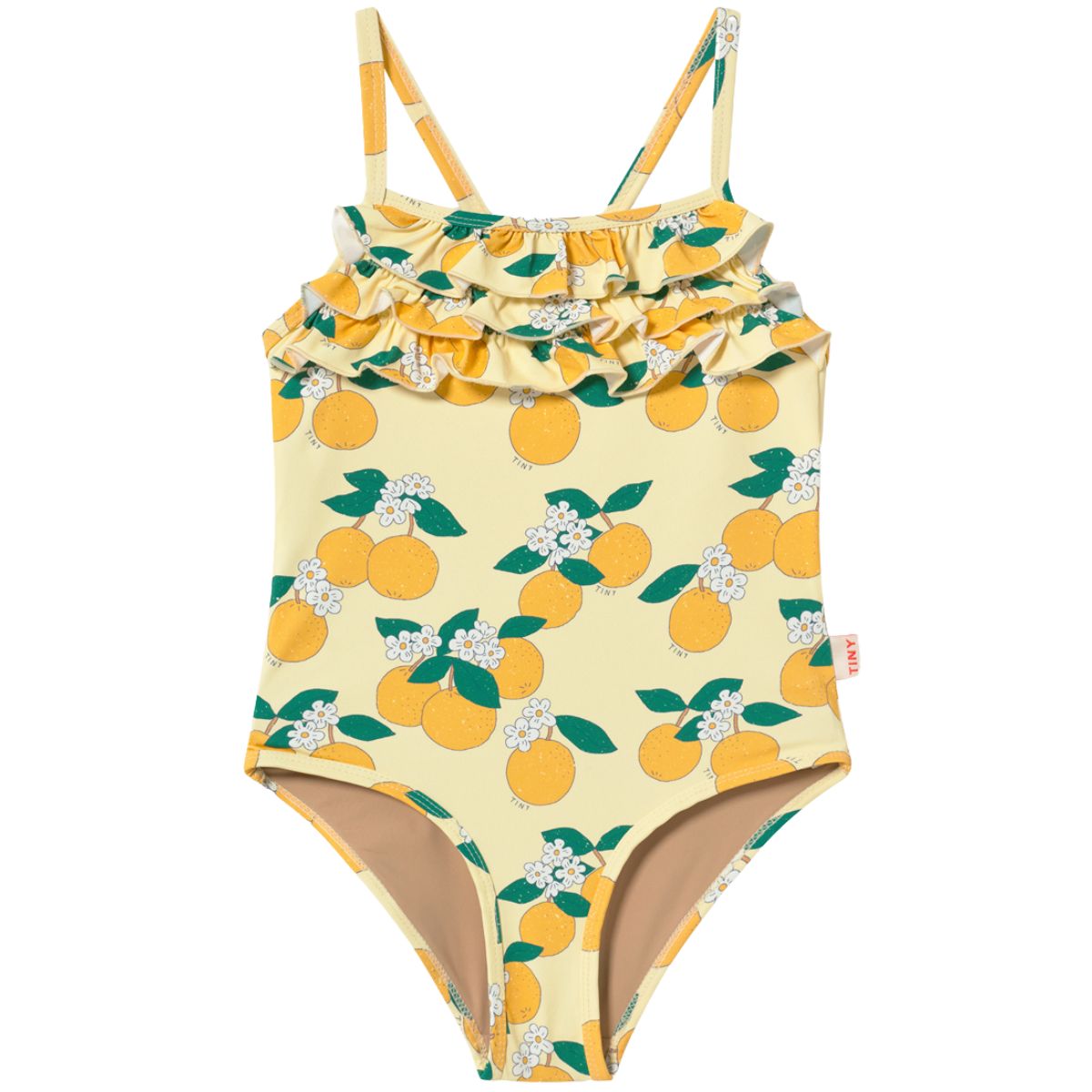 The Oranges Swimsuit from Tiny Cottons, one-piece swimsuit with orange print, ruffle neckline, and straps.