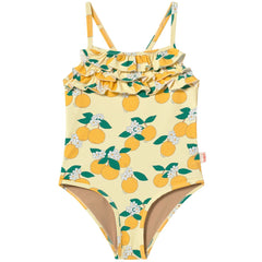 The Oranges Swimsuit from Tiny Cottons, one-piece swimsuit with orange print, ruffle neckline, and straps.