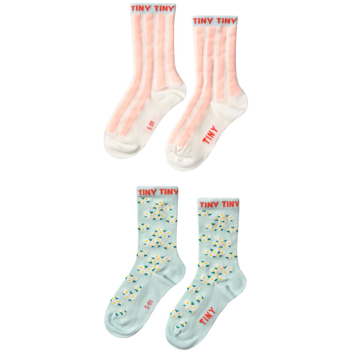 Tiny Cottons Pink Stripes & Blossom Medium Socks, kids patterned socks set with stripes and flowers, soft comfy crew socks