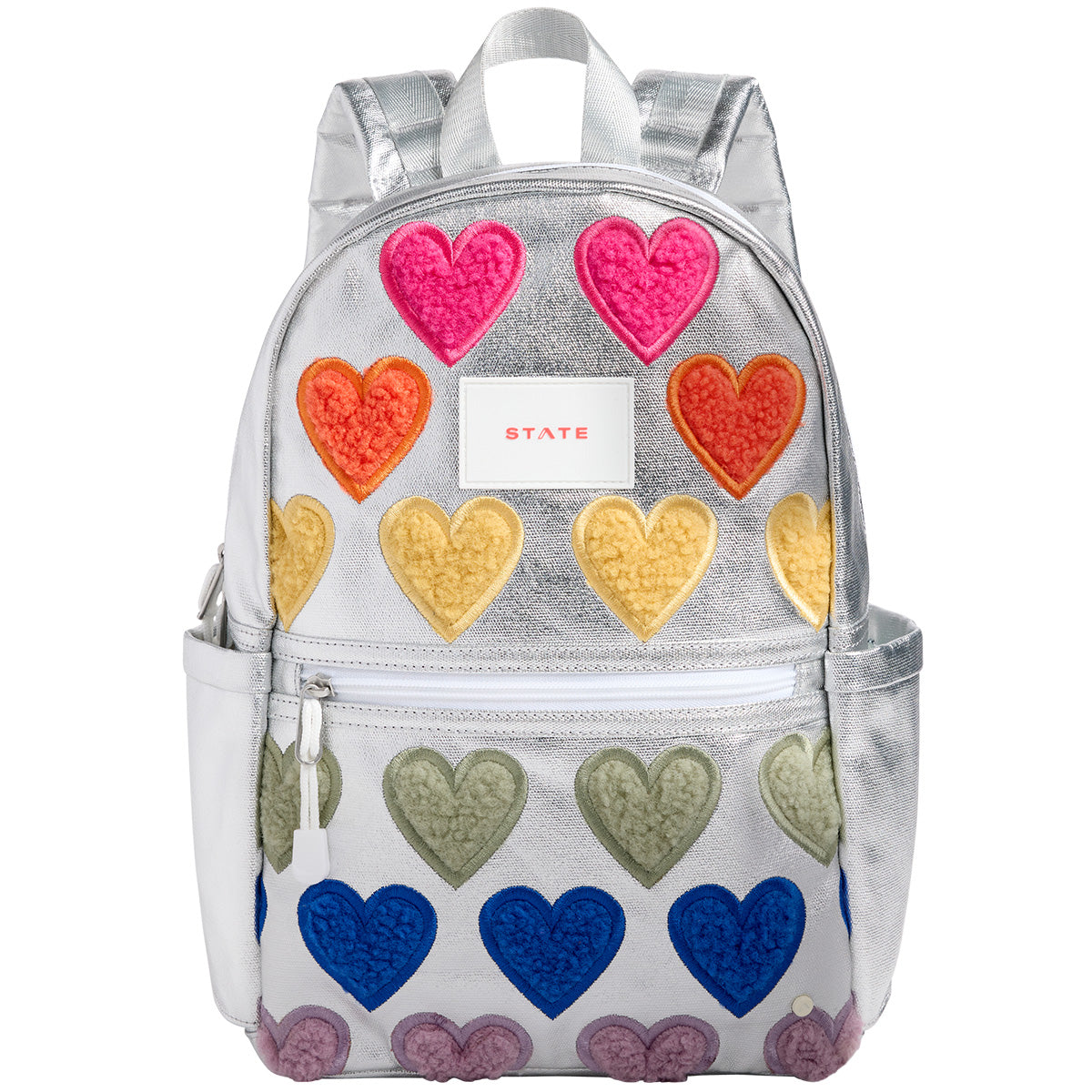 The Kane Backpack from State Bags. Backpack with colorful heart patterns on a white background.