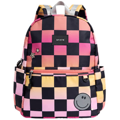 State Bags Kane Double Pocket Backpack with pink orange yellow checkerboard print and dual front pockets