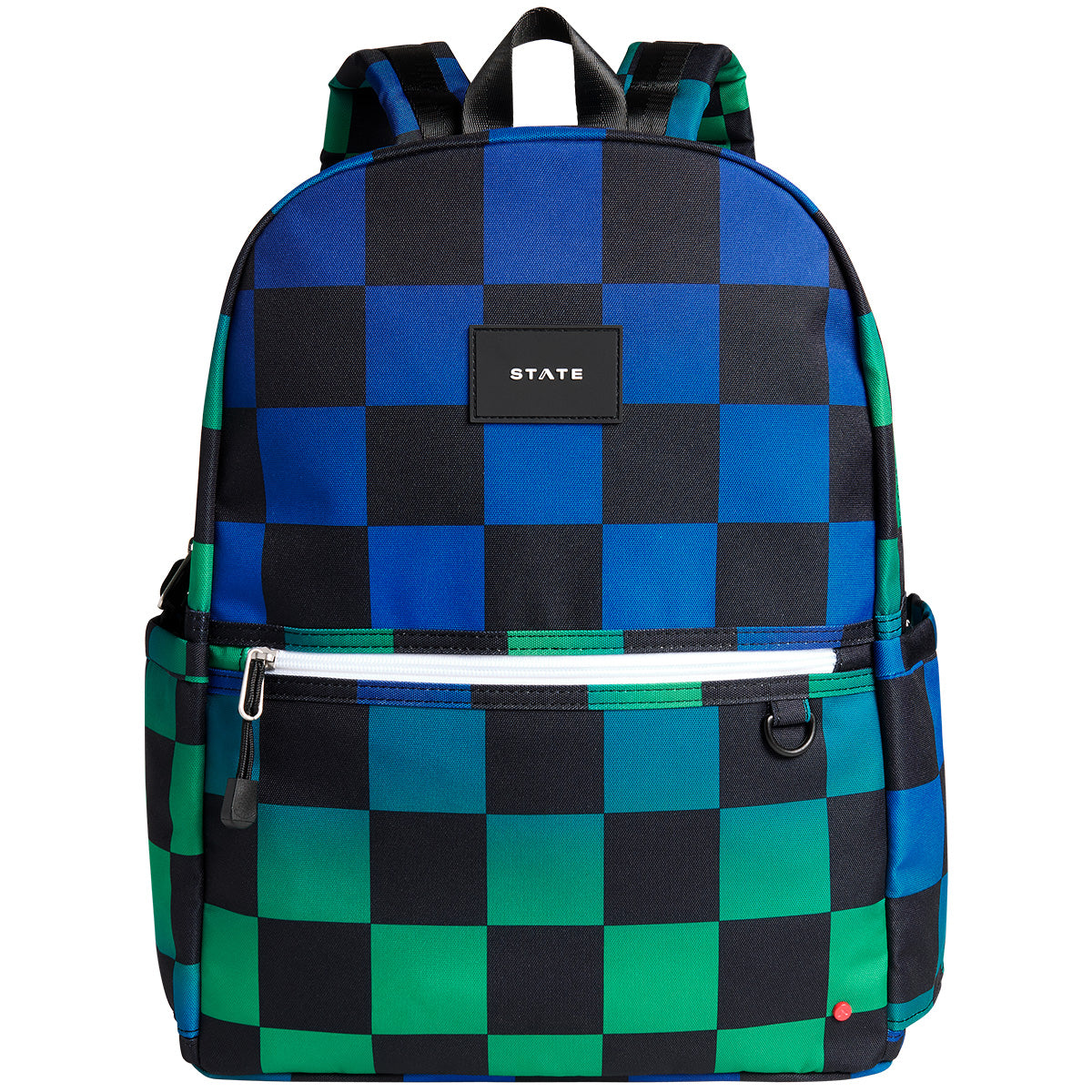 State Bags Kane Double Pocket Backpack with blue, black, and green checkerboard print and dual front pockets