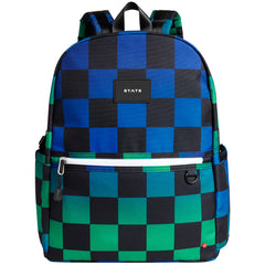 State Bags Kane Double Pocket Backpack with blue, black, and green checkerboard print and dual front pockets