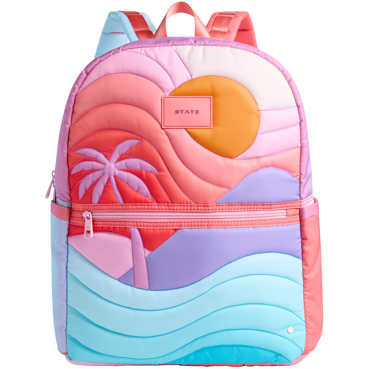 The Kane Double Pocket Large Backpack from State Bags. Colorful backpack with a tropical design and 'STATE' logo