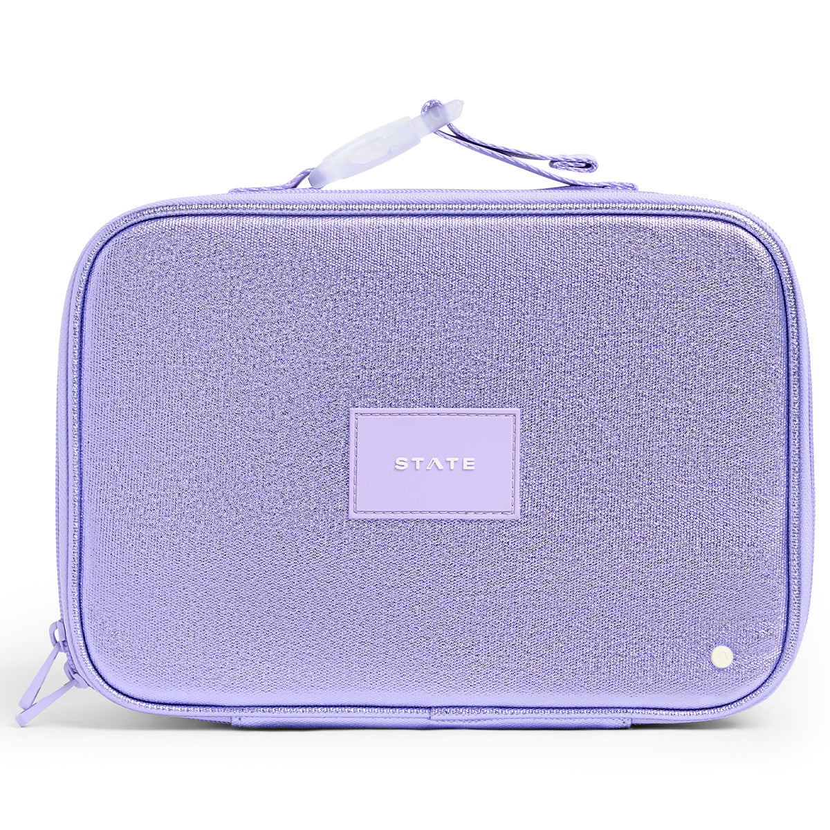 State Bags Rodgers Lunch Box in lavender with textured finish, zip closure, top handle, and STATE logo patch