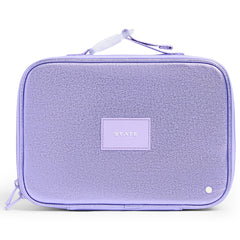 State Bags Rodgers Lunch Box in lavender with textured finish, zip closure, top handle, and STATE logo patch