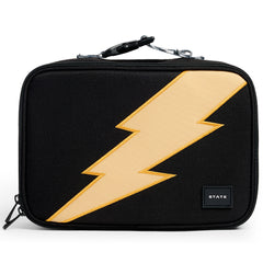 State Bags Rodgers Lunch Box in black with gold lightning bolt, zip closure, and STATE logo patch