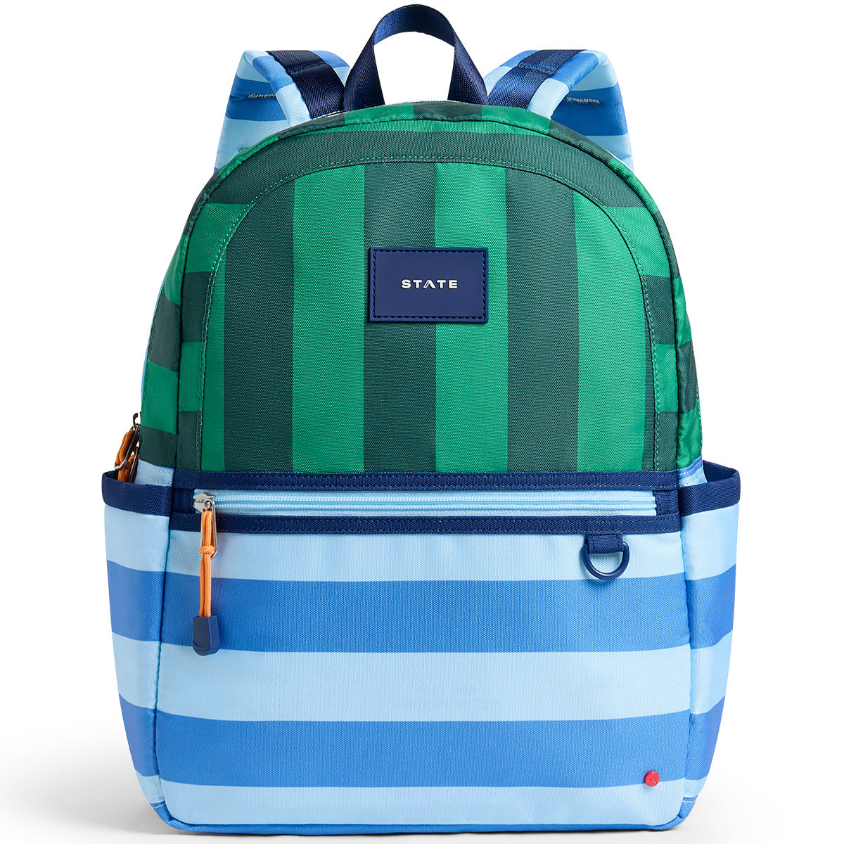 State Bags Kane Backpack with green and blue striped design, front zip pocket, and STATE logo patch