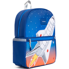 State Bags Kane Backpack with rocket ship graphic, star print, front zip pocket, and logo patch