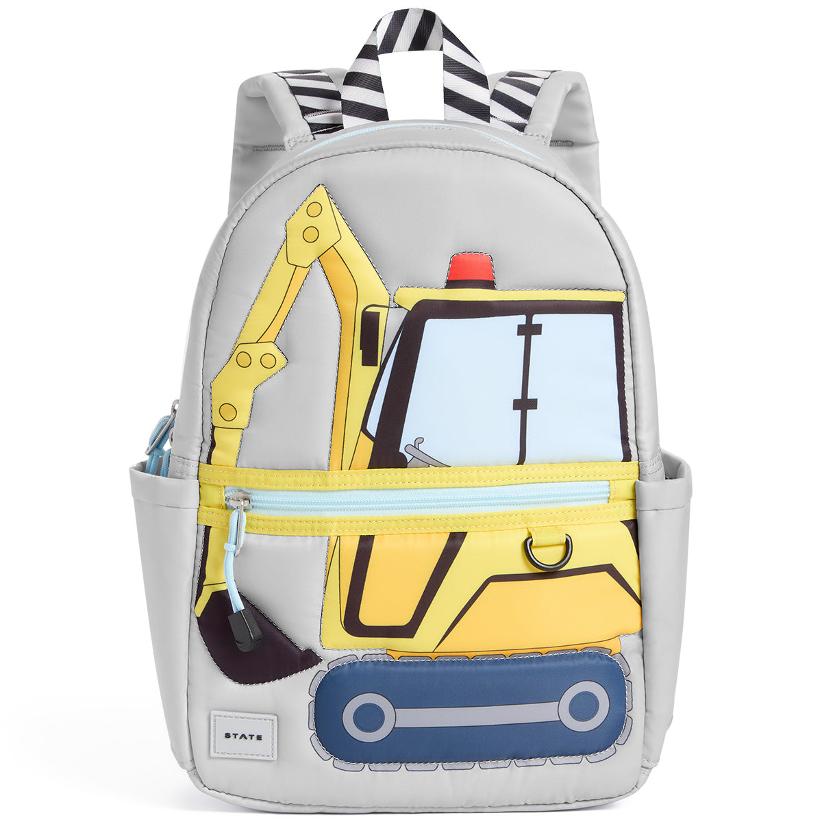 State Bags Kane Mini Backpack in gray with yellow excavator appliqué, front zip pocket, and logo patch