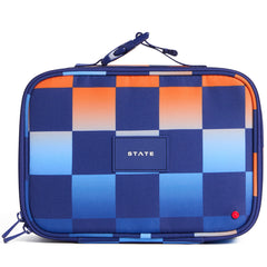 State Bags Rodgers Lunch Box with blue, orange, and white checkerboard print, zip closure, and STATE logo patch