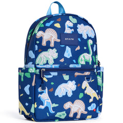 State Bags Kane Mini Backpack in navy with dinosaur skeleton print, front zip pocket, and logo patch