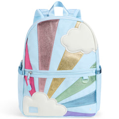 State Bags Kane Backpack with rainbow patchwork, metallic stripes, cloud appliqués, and front zip pocket.