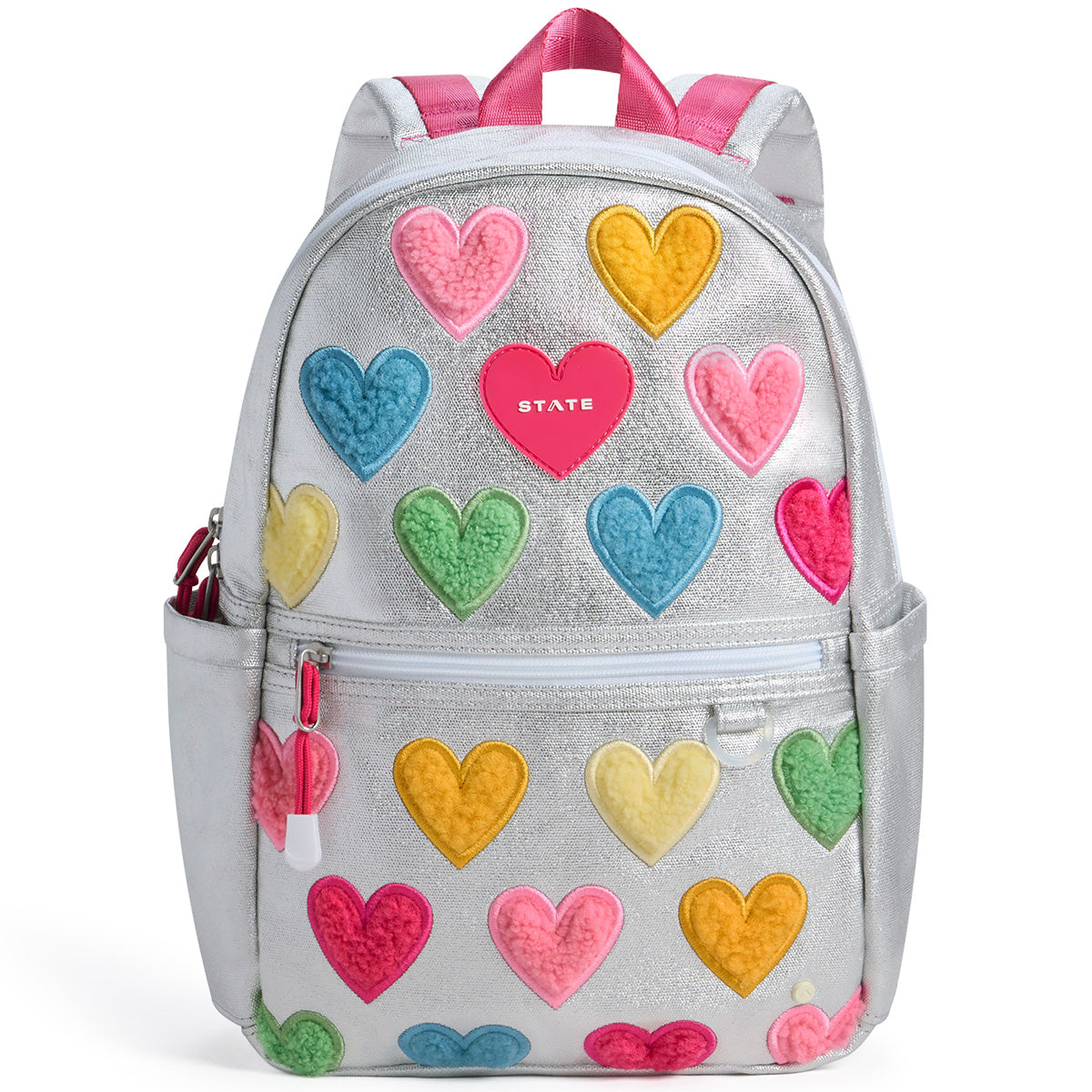 State Bags Kane Mini Backpack in silver glitter with colorful heart patches and pink STATE logo patch