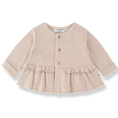 Strasbourg Cardigan by 1+ in the Family in beige with buttons and a ruffled hem.