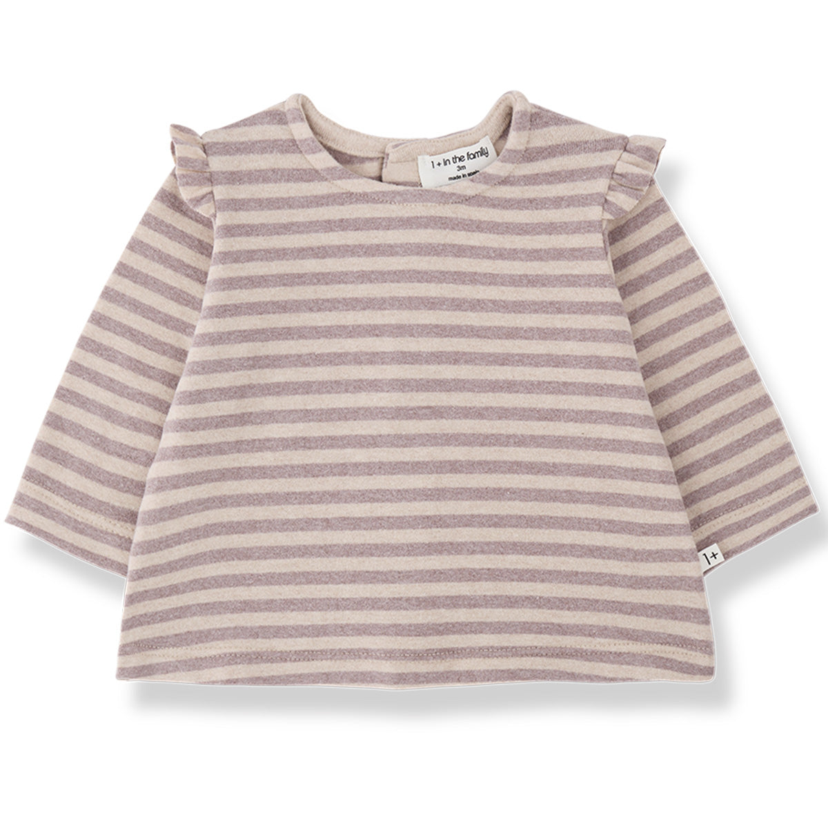 1+ in the Family The Sulmona Tee with pink and beige stripes and ruffled shoulders