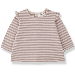1+ in the Family The Sulmona Tee with pink and beige stripes and ruffled shoulders