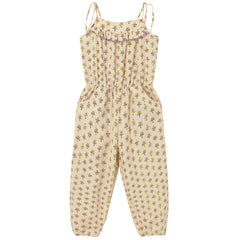Cozmo Sunny Jumpsuit in beige cotton with lavender floral print, ruffle neckline, adjustable straps and elastic waist.