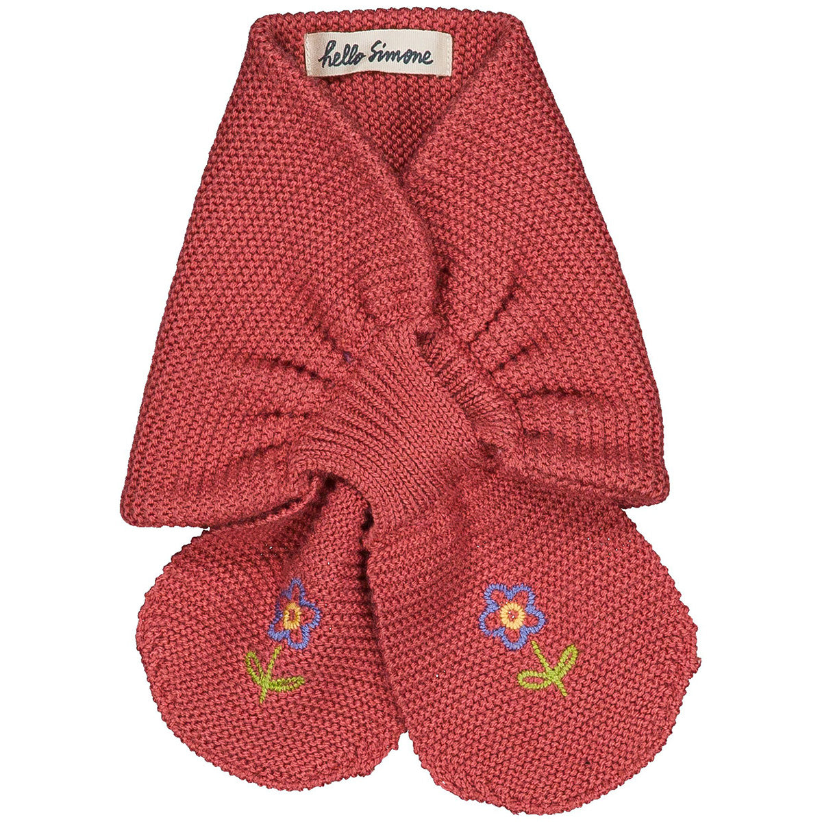 Hello Simone The Sally Scarf rounded knit scarf with flower embroidery and slit closure