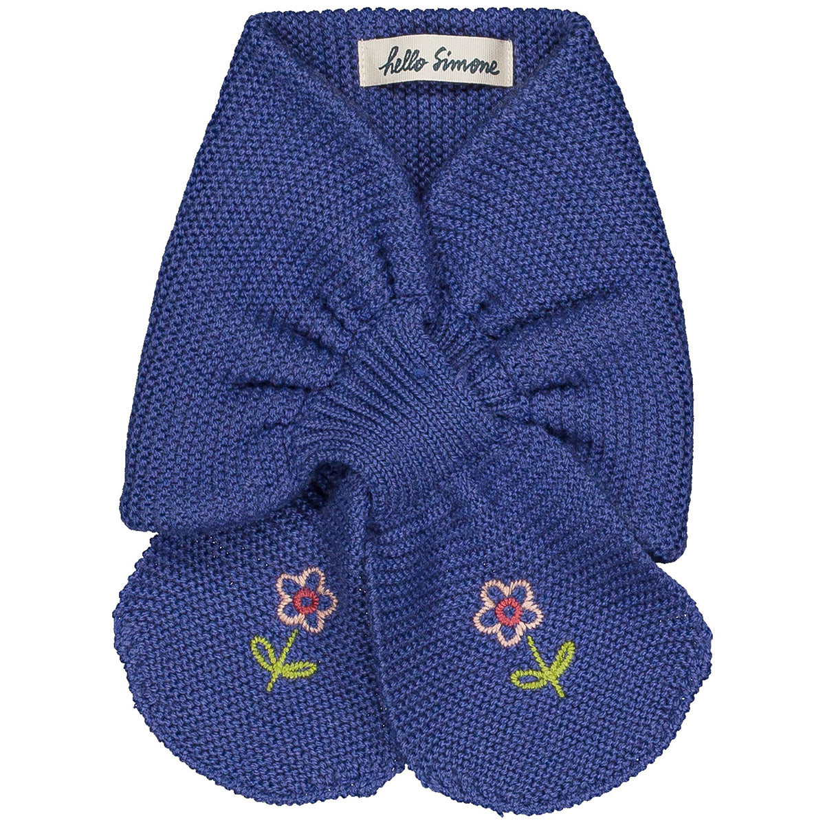 Hello Simone The Sally Scarf rounded knit scarf with flower embroidery and slit closure