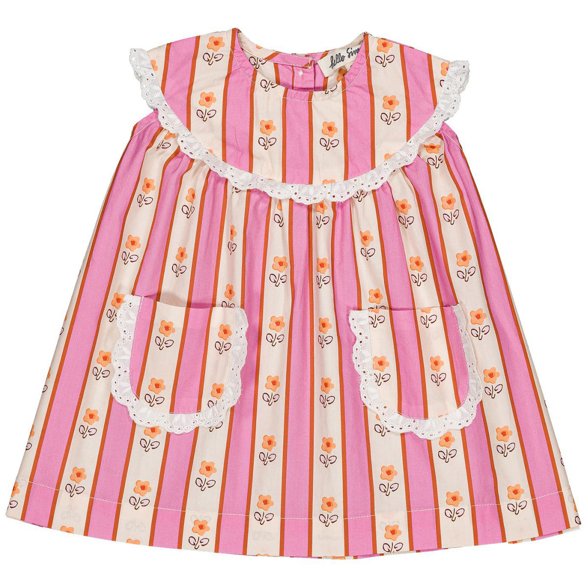 Hello Simone Scarlett Baby Dress, pink striped with small flowers, lace trim and front pockets.