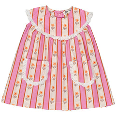 Hello Simone Scarlett Baby Dress, pink striped with small flowers, lace trim and front pockets.