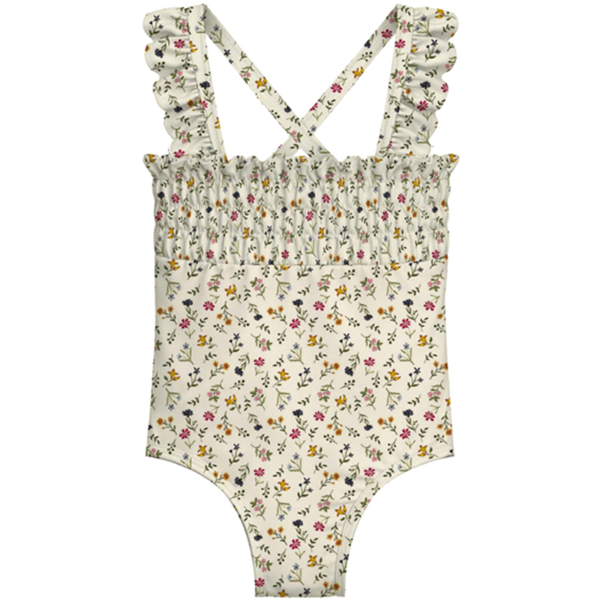The Just Flowers Mini Ruffled One Piece from Submarine Swim with floral print and ruffled straps.