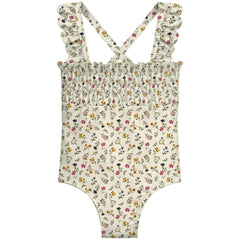 The Just Flowers Mini Ruffled One Piece from Submarine Swim with floral print and ruffled straps.