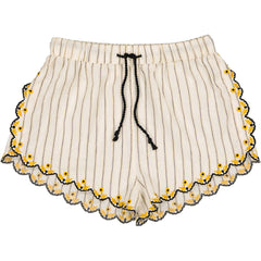 The Kaela Cotton Crepe Stripe Short from Louis Louise. Elasticated waist, drawstring with pompom, embroidered