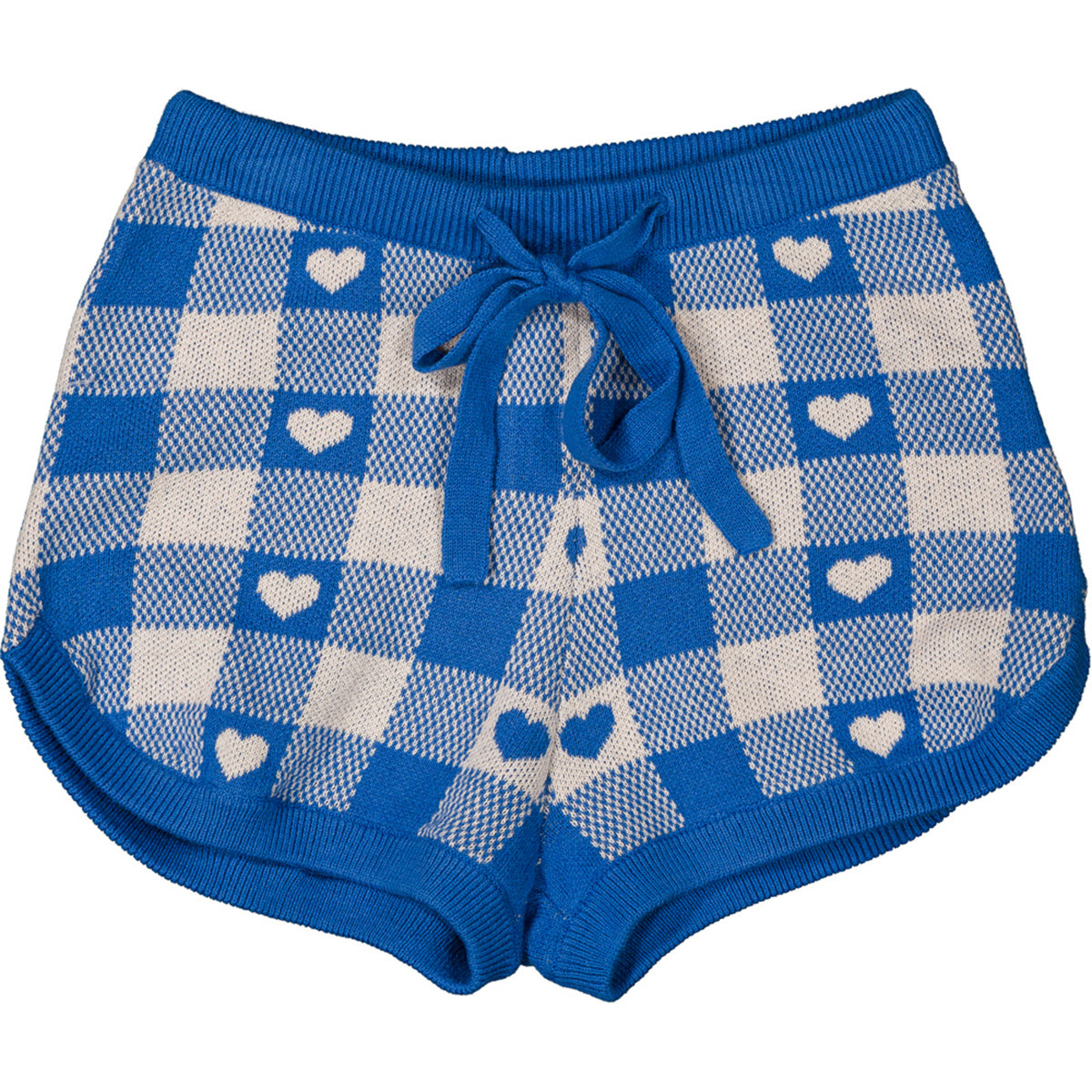The Iris Knitted Cotton Heart Shorts from Louis Louise in blue gingham knit with heart motifs and drawstring waist.