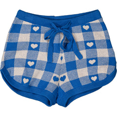 The Iris Knitted Cotton Heart Shorts from Louis Louise in blue gingham knit with heart motifs and drawstring waist.