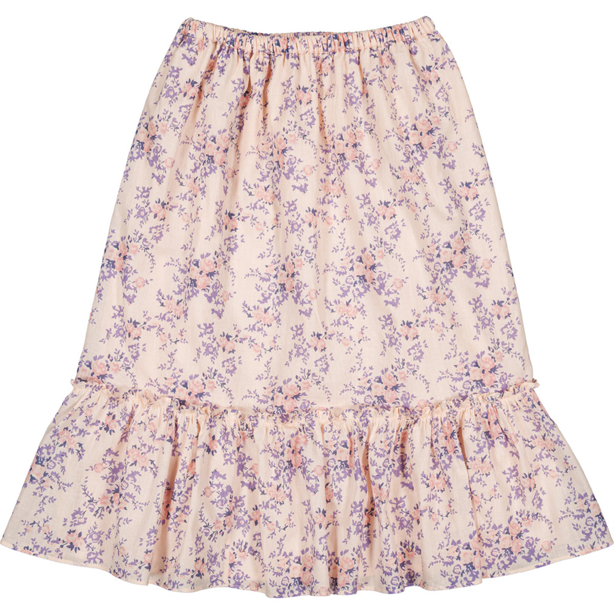 The Rachel Cotton Bouquet Skirt from Louis Louise in pink floral cotton with ruffle hem and elastic waist.