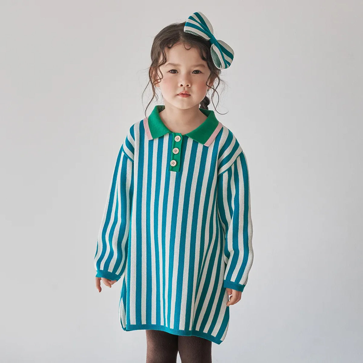 Momohanipopo Stripe Collar Dress in teal and cream vertical stripes with a green polo collar and three-button front.