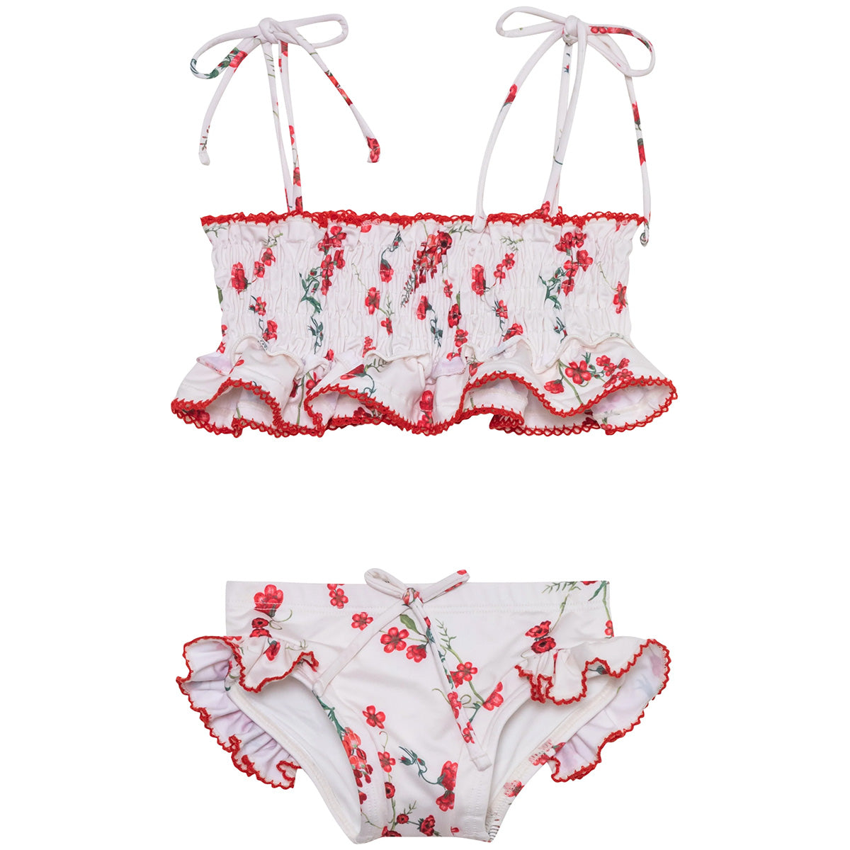 The Mini Kini Fresia Red Bikini Set by Submarine Swim floral bikini with ruffle trim and tie straps.