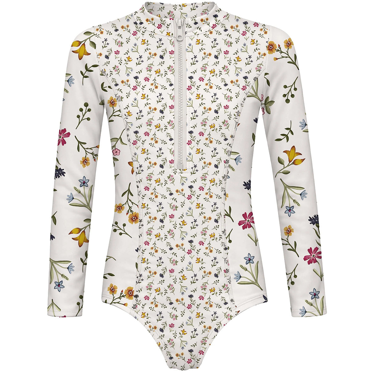 The Just Flowers One Piece by Submarine Swim floral long sleeve swimsuit with front zip and UPF protection.
