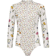 The Just Flowers One Piece by Submarine Swim floral long sleeve swimsuit with front zip and UPF protection.