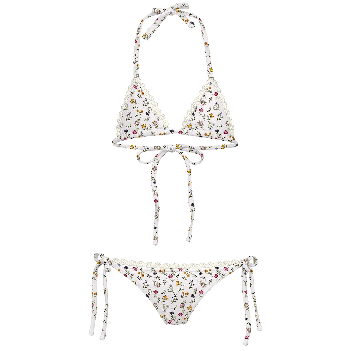 The Crochet Just Flowers Mini Bikini by Submarine Swim floral bikini with crochet trim and tie sides.