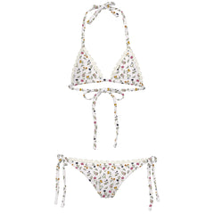 The Crochet Just Flowers Mini Bikini by Submarine Swim floral bikini with crochet trim and tie sides.