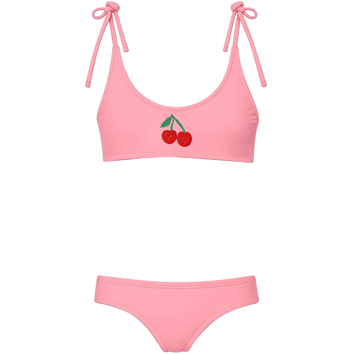 The Simply Fancy Cherry Blush Bikini Set from Submarine Swim in pink with cherry detail and tie straps.