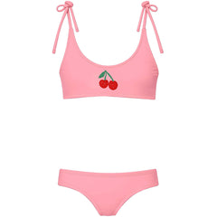 The Simply Fancy Cherry Blush Bikini Set from Submarine Swim in pink with cherry detail and tie straps.