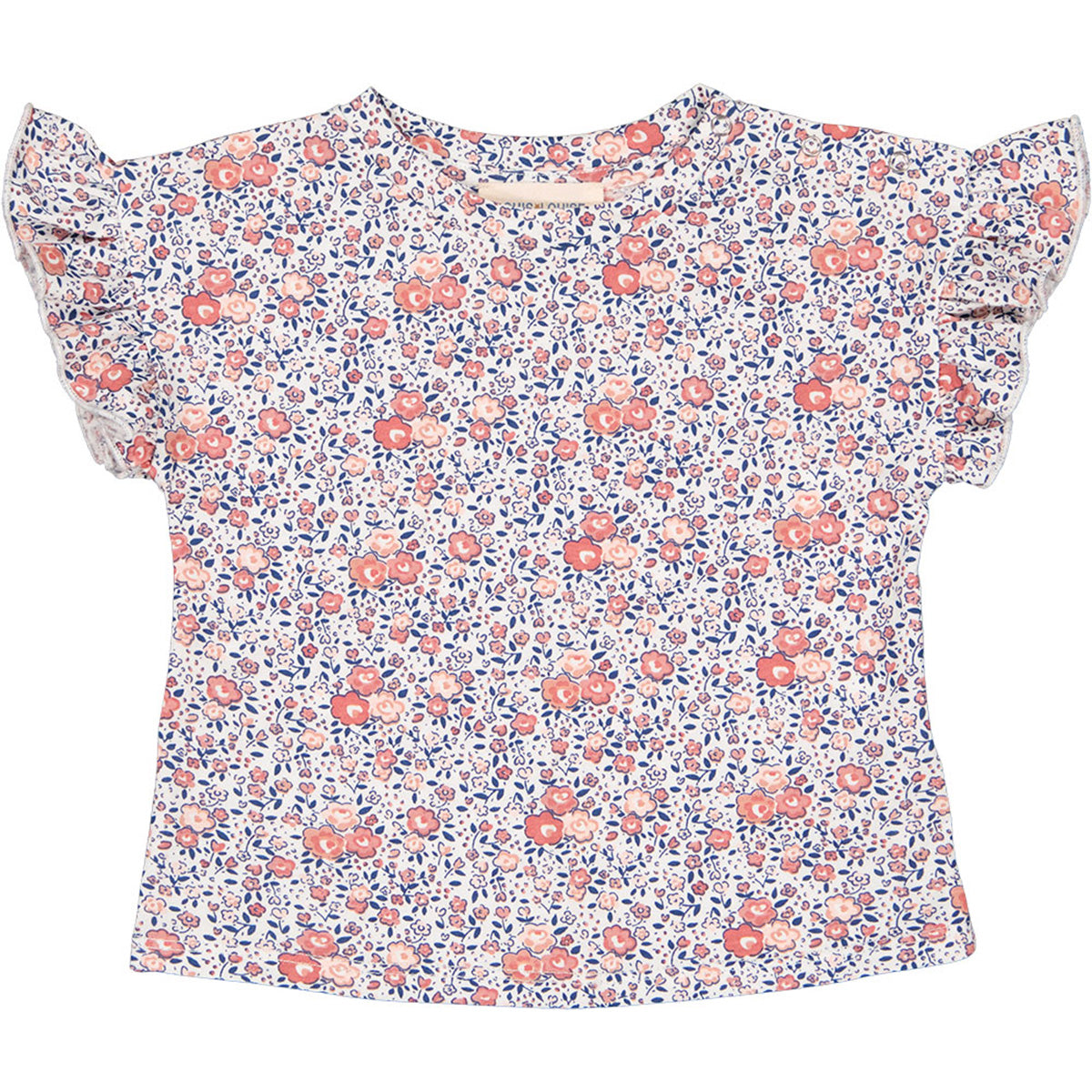 The Baby Nao Jersey Romantic Flower Tee from Louis Louise. Round collar, ruffled sleeves, shoulder press studs.