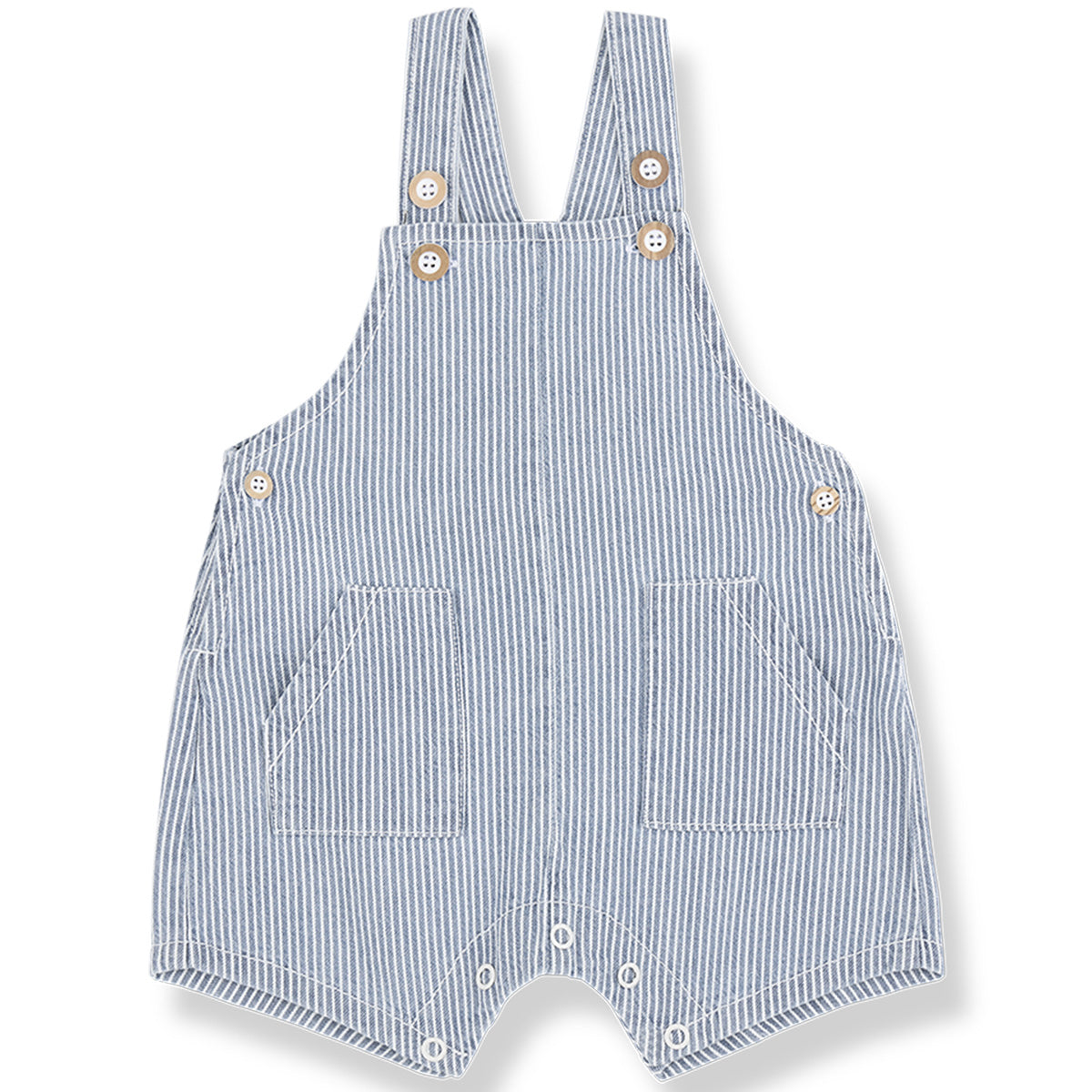 The Talaies Short Dungaree from 1+ in the Family in striped denim with button straps, front patch pockets, and snap closures.
