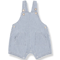 The Talaies Short Dungaree from 1+ in the Family in striped denim with button straps, front patch pockets, and snap closures.