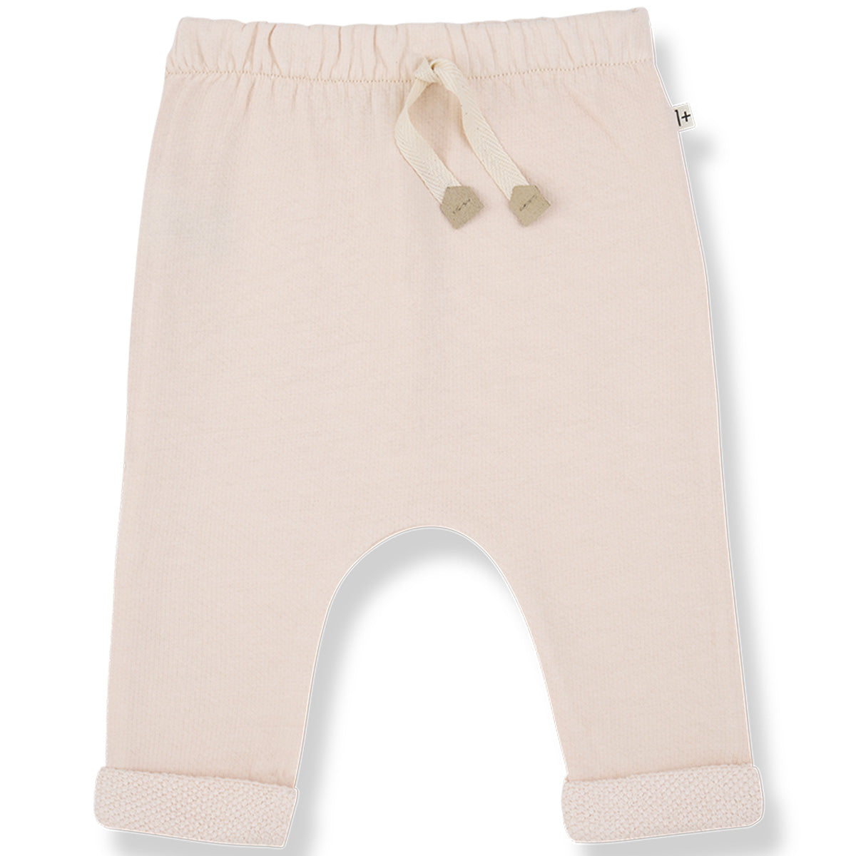 The Telos Pants from 1+ in the Family, soft baby pants with an elastic waistband, drawstring, and rolled cuffs.