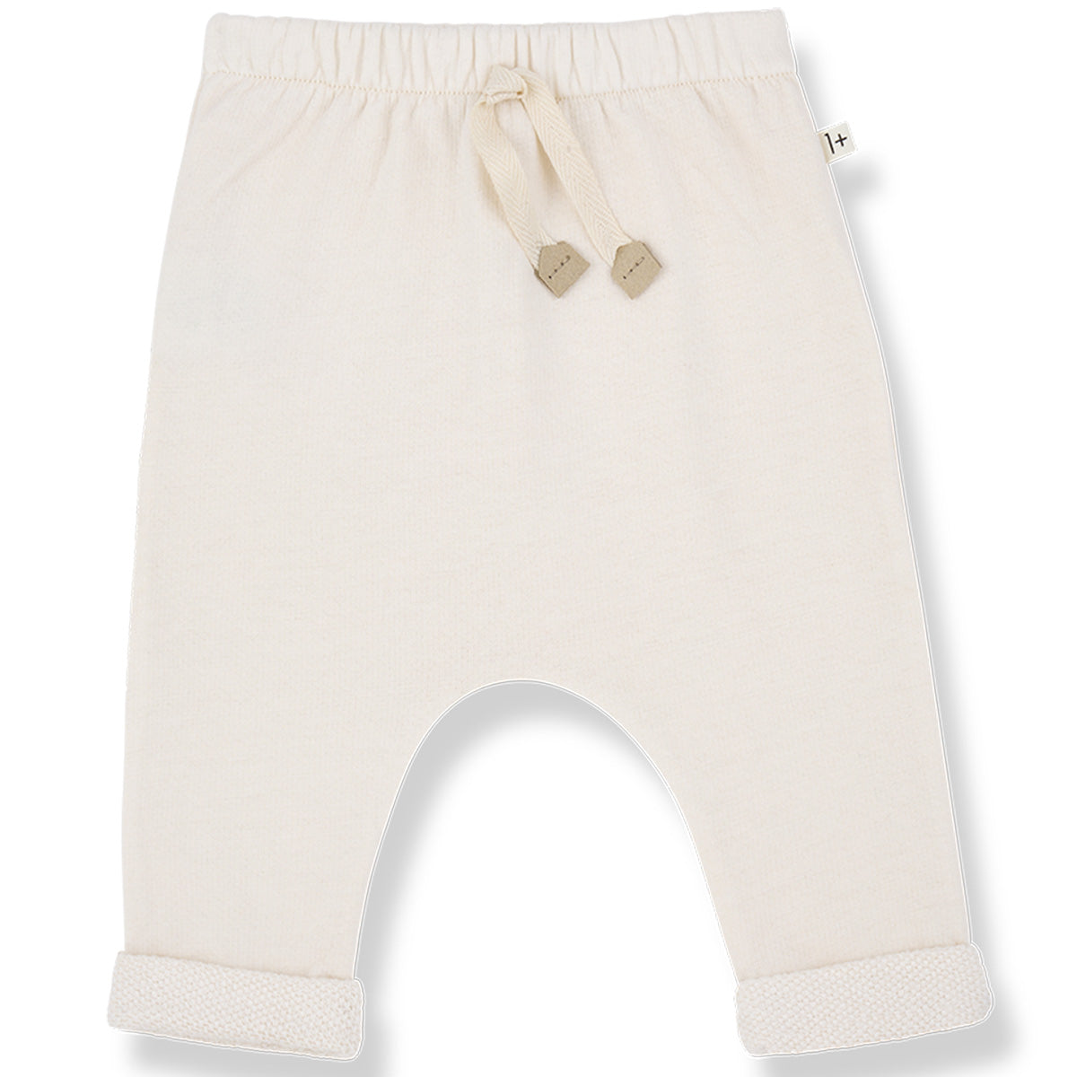 The Telos Pants from 1+ in the Family, soft baby pants with an elastic waistband, drawstring, and rolled cuffs.