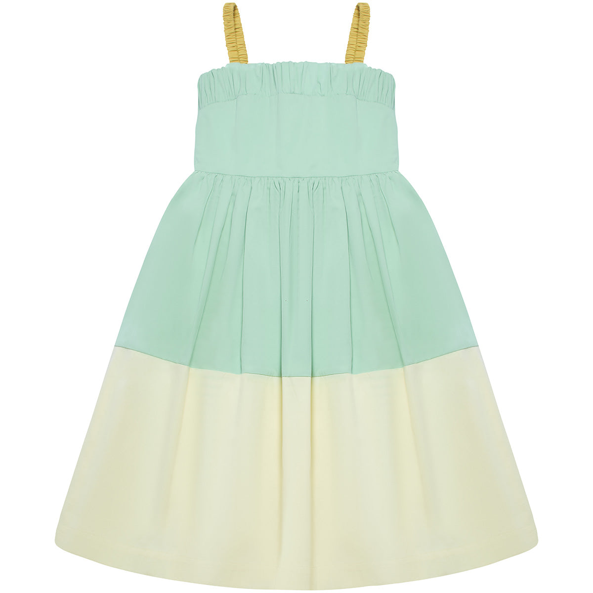 The Home Stretch Dress by The Middle Daughter. Cotton poplin tri-color midi dress with elasticated detailing to straps and chest.