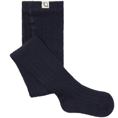 The Organic Cotton Warm Tights from Cozmo. Pair of dark navy tights on a white background.