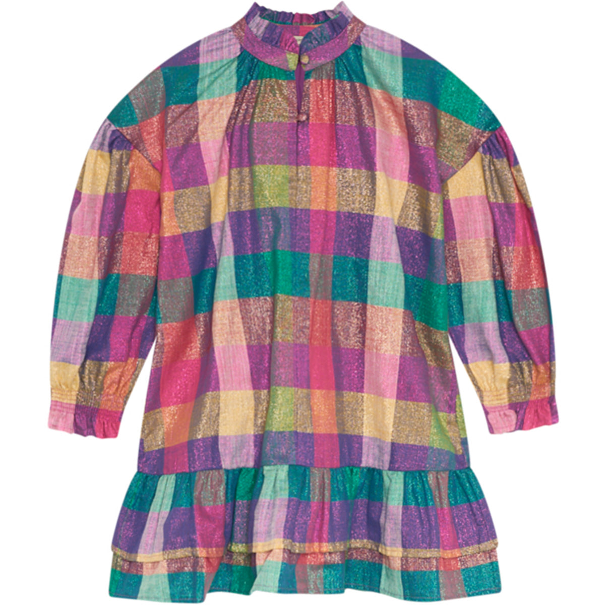 The Isbby Dress from The New Society, multicolor check dress with stand collar, gathered sleeves, and ruffle hem.